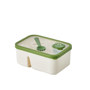 Green lid bento box with fork spoon and salad dressing container for microwave