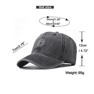 Detailed size chart for sun embroidery washed cotton baseball cap with measurements