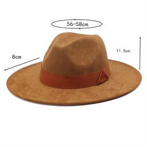 Brown faux suede cowboy hat with orange ribbon band, dimensions 56-58cm, 11.5cm, 8cm