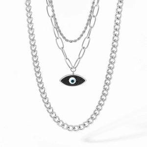 Three-layer stainless steel evil eye necklace with chunky cuban and twist rope chains
