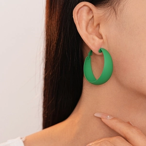 Minimalist bright green matte geometric hoop earrings with a large circle design for women