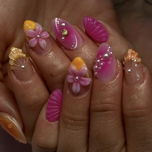 3D Flower Press On Nails Almond Shape Ocean Theme Artificial Pearl Shell Decor Short Fake Nails For Women Sweet Summer Style