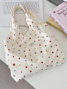 Sac fourre-tout en toile à pois multicolores avec étiquette tissée pour usage quotidien