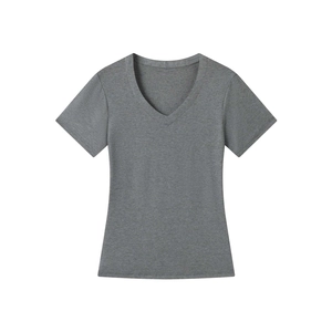 Detailed view of dark grey V-neck t-shirt fabric with subtle heathered texture