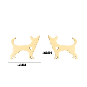 Golden dachshund puppy dog stud earrings with heart cutout design measuring 12mm by 10mm