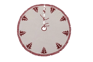 Detail of knitted 48-inch Christmas tree skirt with red fringe and cedar tree patterns