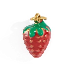 Macro shot of 18K gold-plated strawberry pendant with vibrant red and green enamel finish