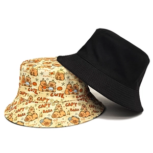 Cute Capybara print sun bucket hat set in black and beige breathable cotton canvas