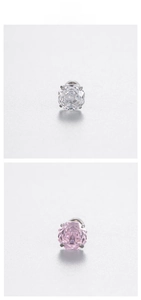Detail of 6mm rose cut zircon stud earrings in clear and pink stone with 4-prong setting