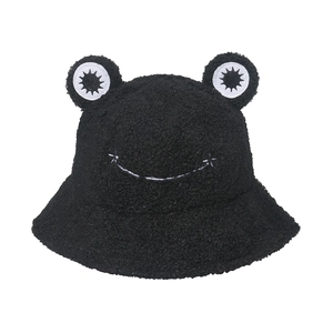 Cute black plush frog bucket hat with cartoon eyes and embroidered smile for winter