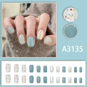 Blue and white polka dot press-on nails set in square shape with pearl finish