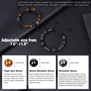 Tiger Eye and Obsidian braided bracelet for men with adjustable 8mm natural stone beads