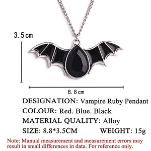 Gothic bat necklace with black pear-shaped gem and dimensions 8.8x3.5cm for Halloween