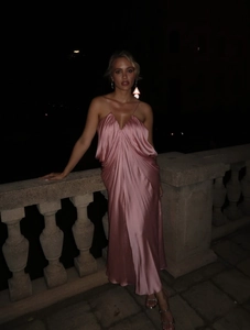 Elegant pink satin slip dress with V-neck and draped waist for formal evening party
