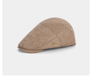 Detail of khaki newsboy hat featuring vintage leopard texture and gold G buckle