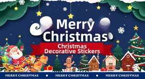 Detail of Christmas window stickers with Santa, reindeer and gingerbread man on glass