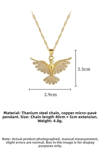 Detailed specs of the golden phoenix pendant with micro-pave crystals on titanium chain