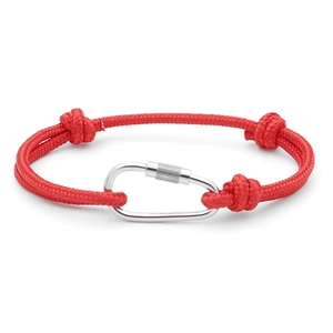 Detail of red RPET polyester rope bracelet featuring a silver-tone metal carabiner clip