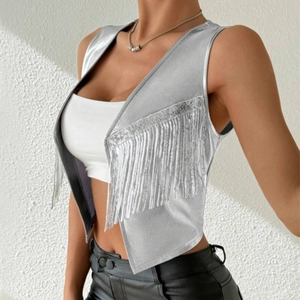 Silver metallic fringe cropped vest with sleeveless V-neck design for women