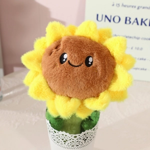 Peluche tournesol avec visage souriant dans un pot en dentelle blanche pour déco