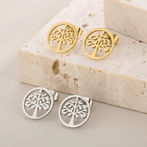 Polished hollow tree of life stud earrings in gold and silver stainless steel set