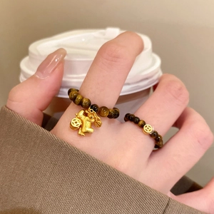 Tiger Eye Stone Beaded Ring Gold Lucky Horse Pig Pendant And Coin Charms Elastic New Chinese Style For Women