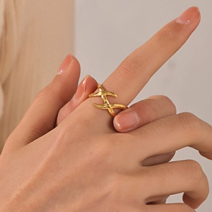 Minimalist 18K gold plated stainless steel adjustable criss-cross ring for women