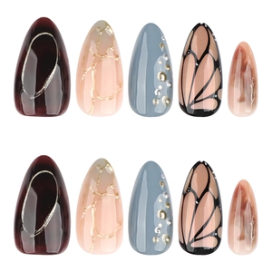 3D pearlescent press-on nails set with almond shape in wine red and marble glitter designs