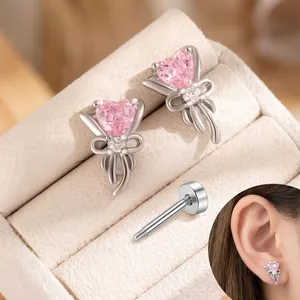 Titanium Steel Zircon Pink Heart Bowknot Ear Cartilage Stud Screw Back Body Piercing Jewelry Women Elegant