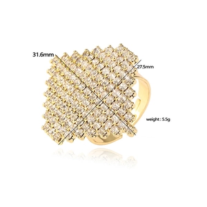 Exaggerated golden square ring with full zircon crystals and size measurements