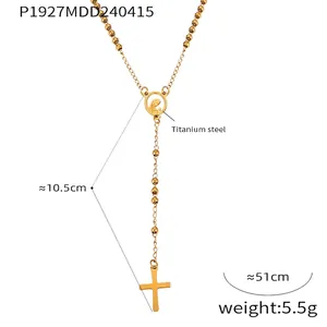 Titanium steel Y-necklace detail showing Virgin Mary medal and hanging cross charm
