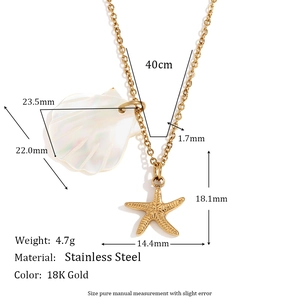 Detailed sizing chart of 18K gold plated starfish and shell pendants with measurements