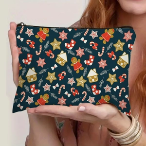 Navy blue Christmas gingerbread man print makeup bag with zipper and festive patterns