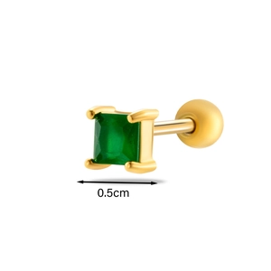 Detail view of 0.5cm emerald green square cubic zirconia stud with gold screw ball backing