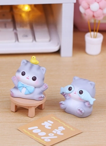 Miniature cat desktop figures with yellow duck and fish for office decor