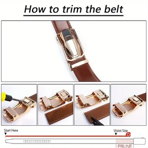 Instructional guide showing how to trim the length of a brown leather belt with auto buckle