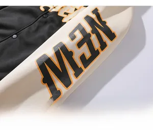Close-up of thick MEN letter print on contrast sleeve of a heavy fleece hoodie