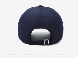 Rear view of navy blue baseball cap showing adjustable metal buckle strap detail