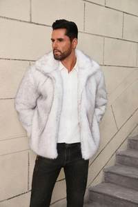 Detail of premium faux fur texture on men's white and light grey fashion short coat