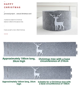 Detail of grey felt Christmas tree collar featuring white reindeer silhouettes and dimensions