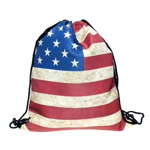 Vintage American flag drawstring bag with distressed digital print and black rope straps