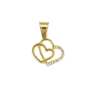 Gold double heart pendant in 316 stainless steel with sparkling pavé cubic zirconia accents