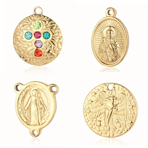 Four gold stainless steel cross and wing pendants with colorful inlaid gemstones