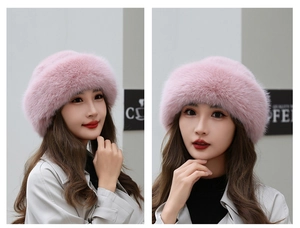 Front and side view of soft pink faux fur winter beret hat with thick plush texture