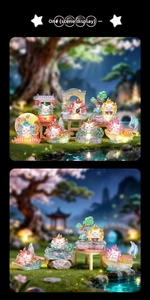 Luminous fox figurine fantasy scene with cherry blossom tree and ancient garden