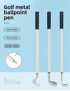 Detail of golf club metal ballpoint pens with rubber grips and fine writing tips