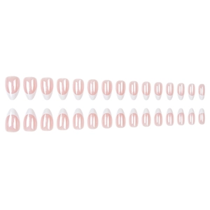 Glossy almond-shaped French press-on nails in pink and white for a natural salon look