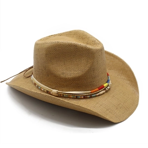 Classic brown woven straw cowboy hat with colorful beaded band for men and women