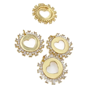 Set of four gold sun-shaped heart pendants with zircon inlay for DIY jewelry design