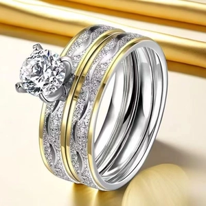 Luxe two-tone stainless steel bridal ring set with round crystal and frosted texture